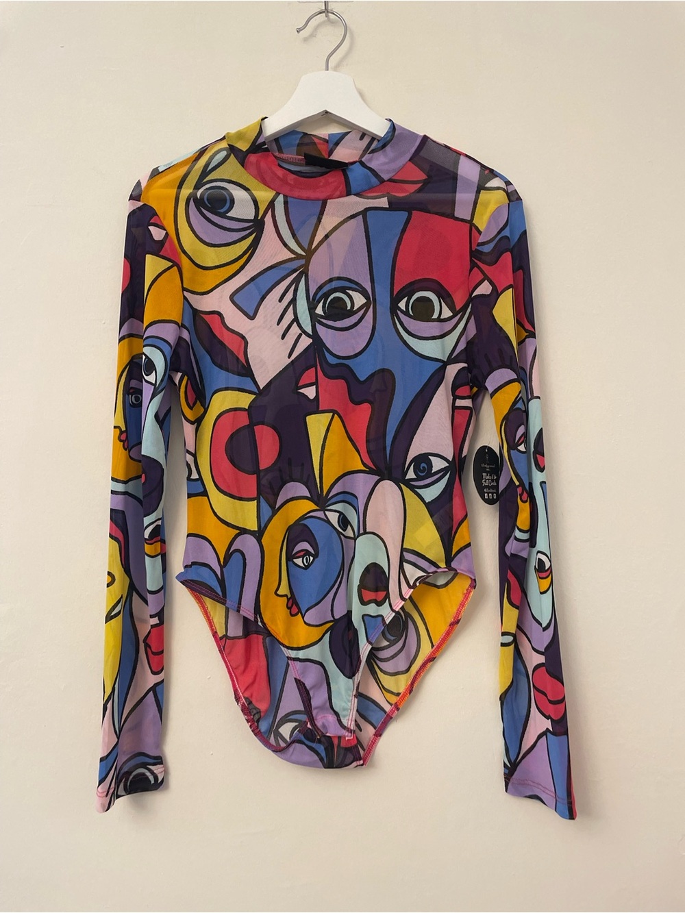 NWT! Women’s Bodysuit Art Mock Turtleneck Mesh Color Block Geometric One-Piece